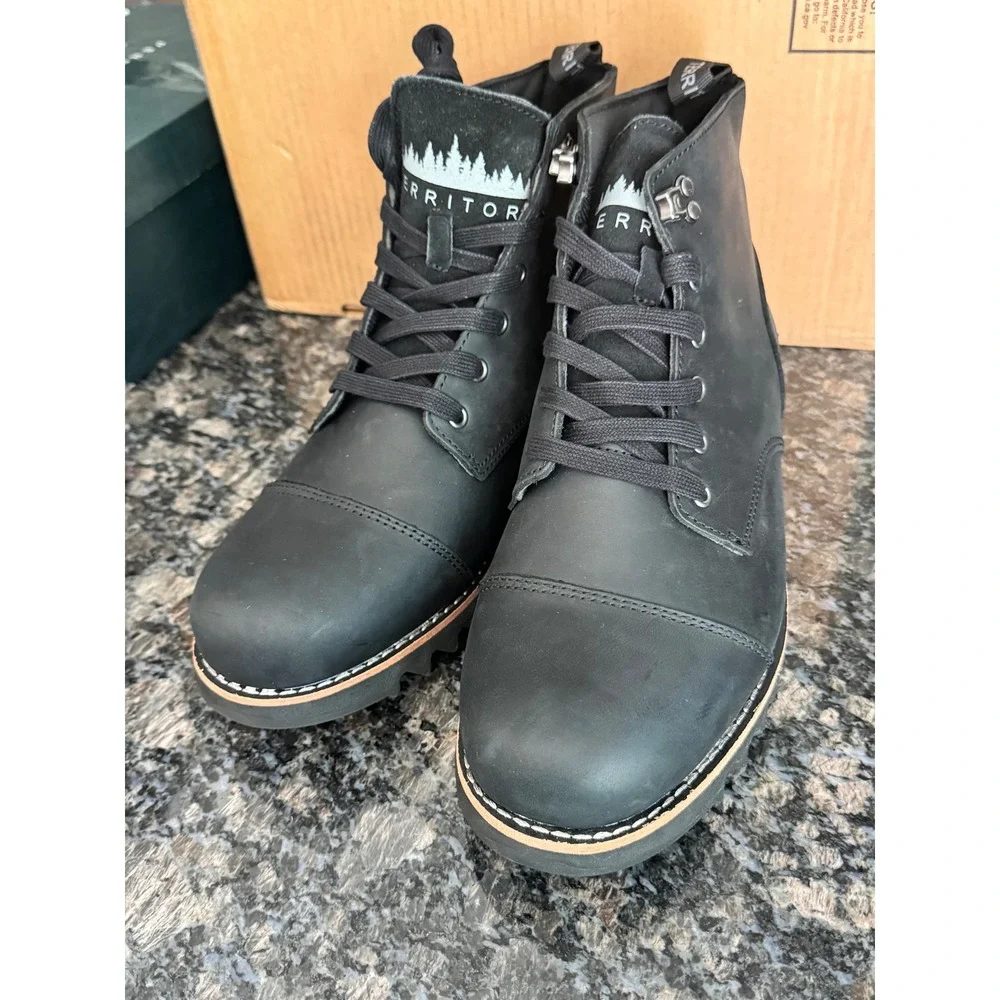 Territory Mens Black Leather Boots Pine Tree Graphic Cap Toe Lace Up Size‎ 10